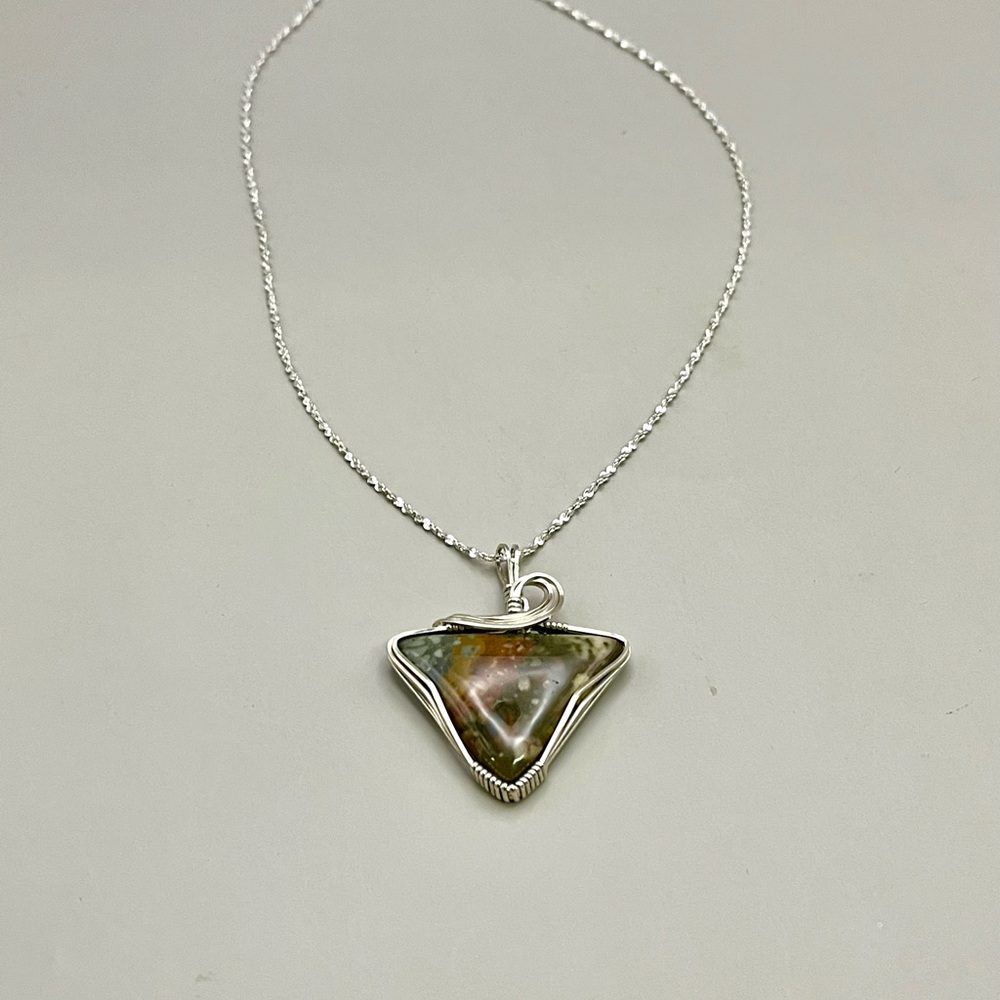 Sterling Silver and Multicolor Elegant Ocean Jasper Triangular Necklace - Picture 5 of 6